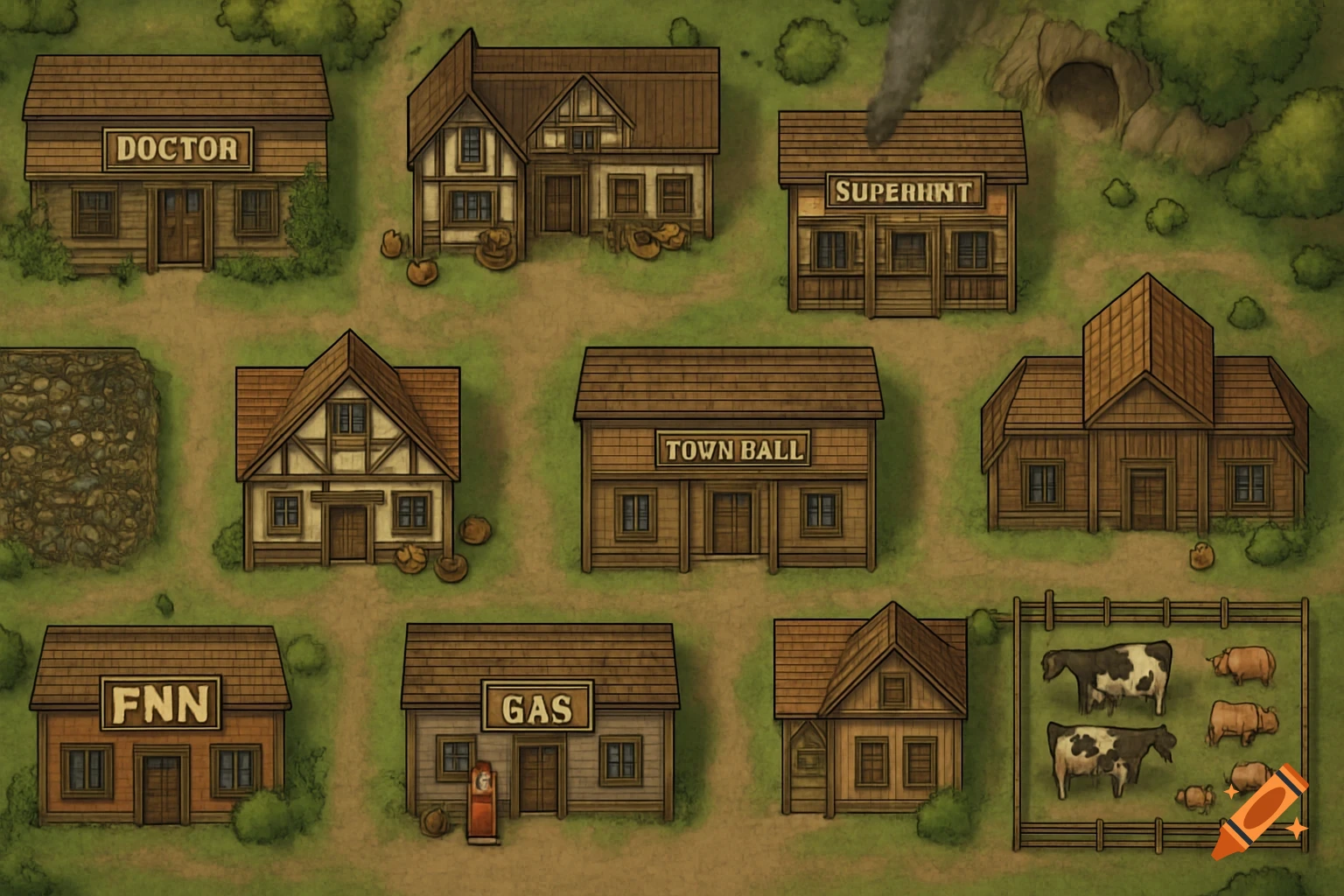 A top-down TTRPG battle map showing a small village with various buildings like a doctor's office, town hall, gas station, and a farm with cows and pigs, all in a hand-drawn style.