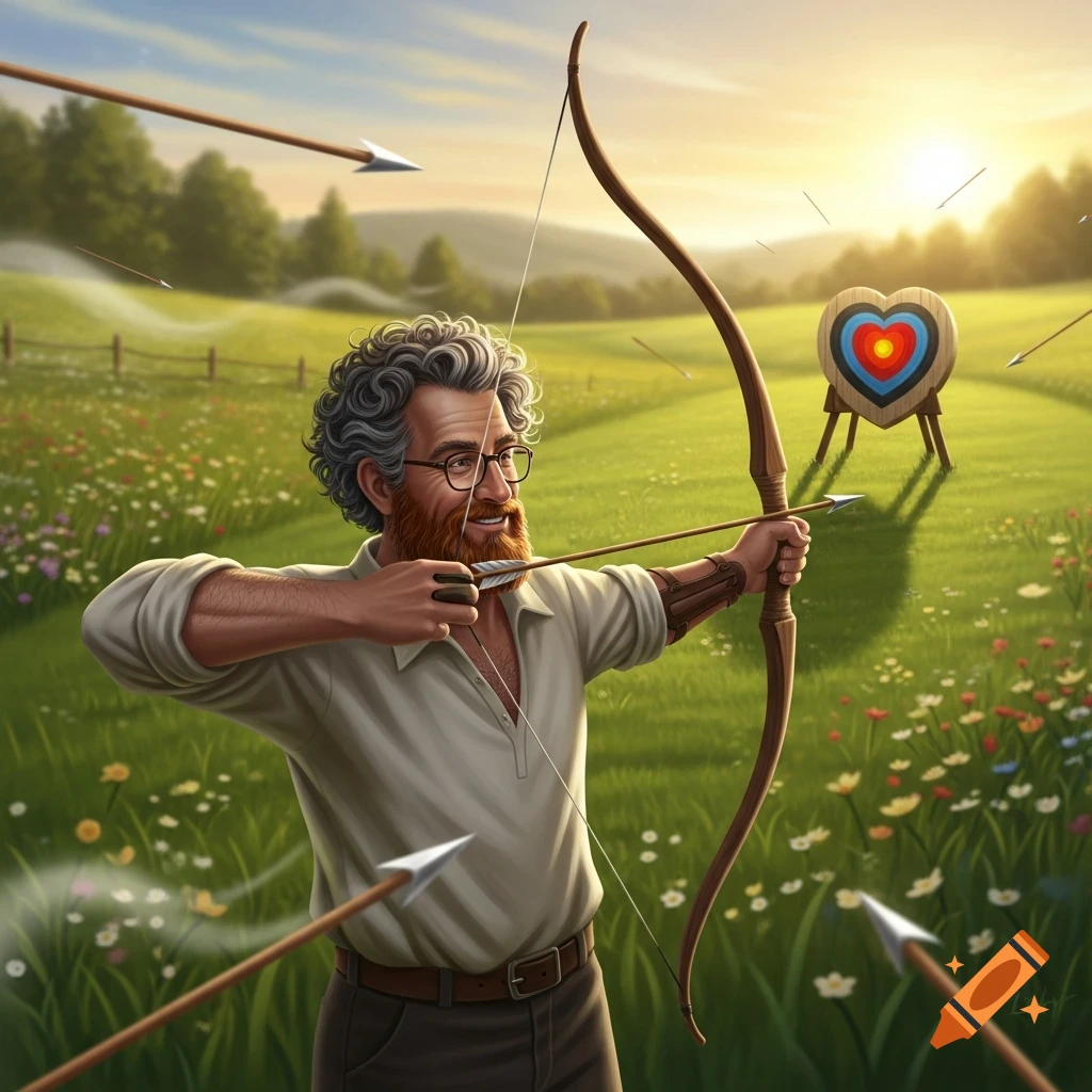 Genial man with curly hair and red beard shooting arrows at a heart-shaped target in a sunny, flowery meadow.