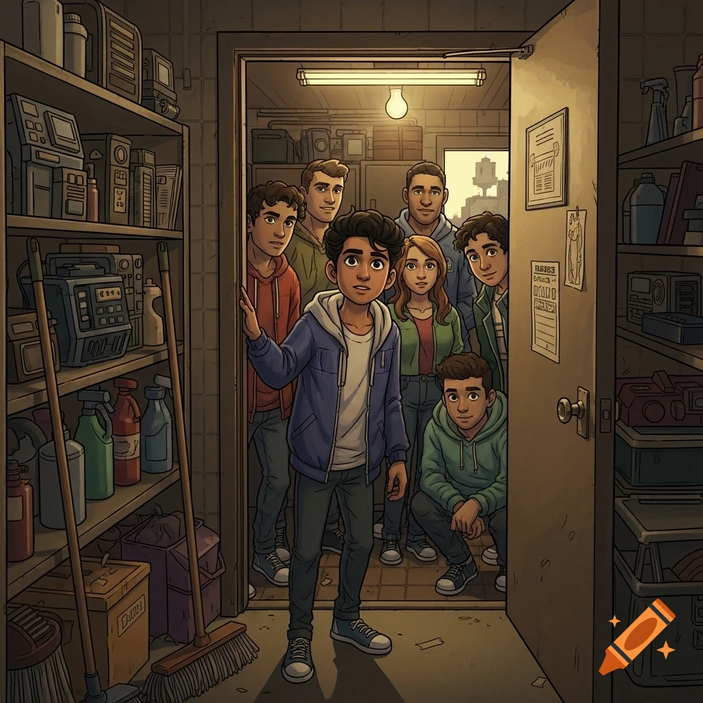 A group of diverse young friends peers cautiously from a dark, cluttered janitor's closet in a cartoon illustration.