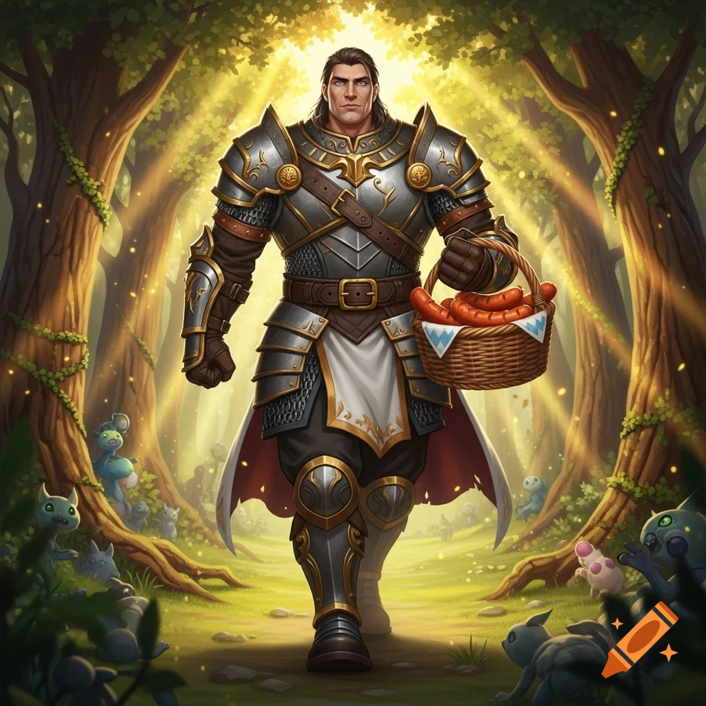 Muscular knight in ornate armor carries a basket of sausages through a vibrant, sunlit fantasy forest filled with small creatures.