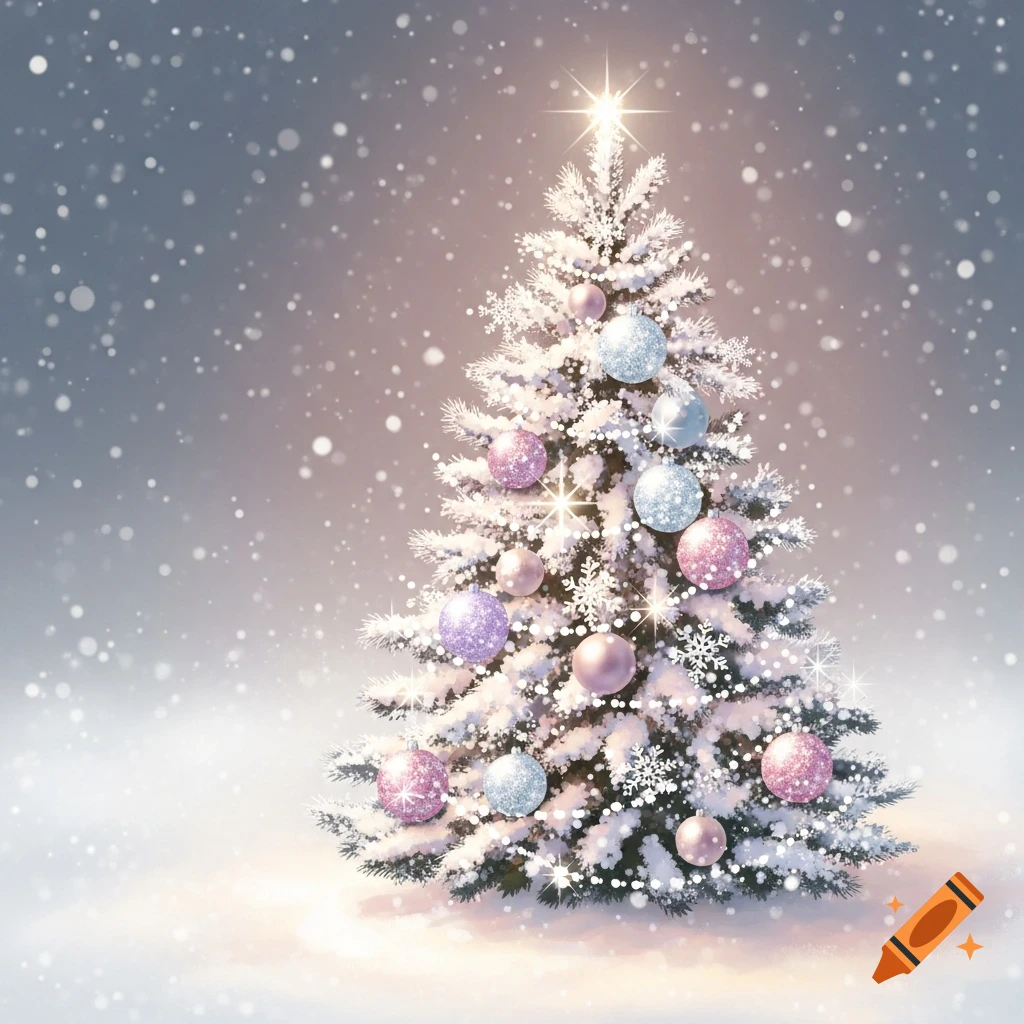 A snow-covered Christmas tree adorned with sparkling pastel pink, purple, and blue ornaments, surrounded by falling snow.