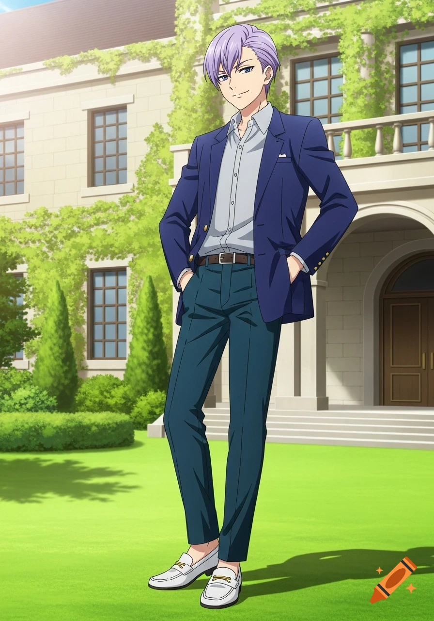 An anime-style young man with purple hair, wearing a navy blazer and white loafers, stands on a manicured lawn in front of an ivy-covered mansion.