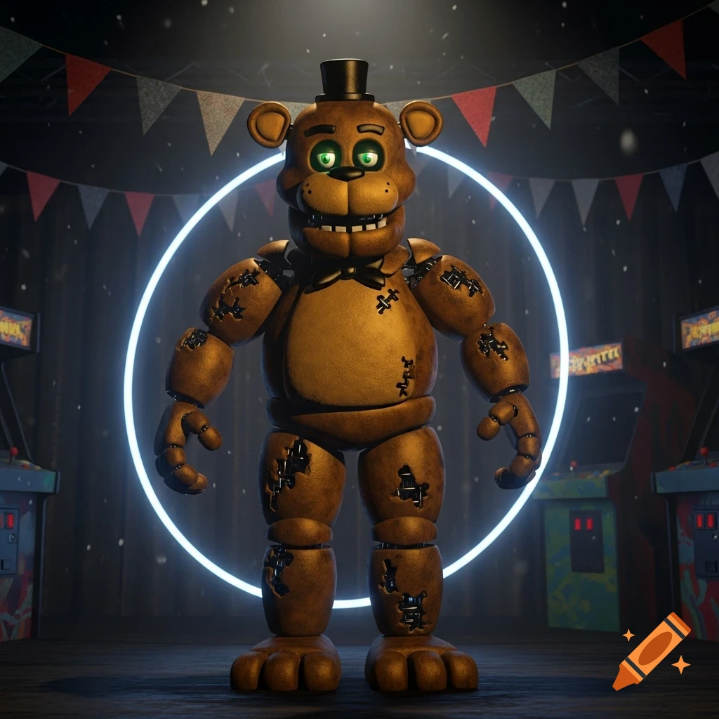 A 3D render of a brown animatronic bear named Fredbear with green eyes and a top hat, standing in a dark arcade with a glowing white circle behind it.