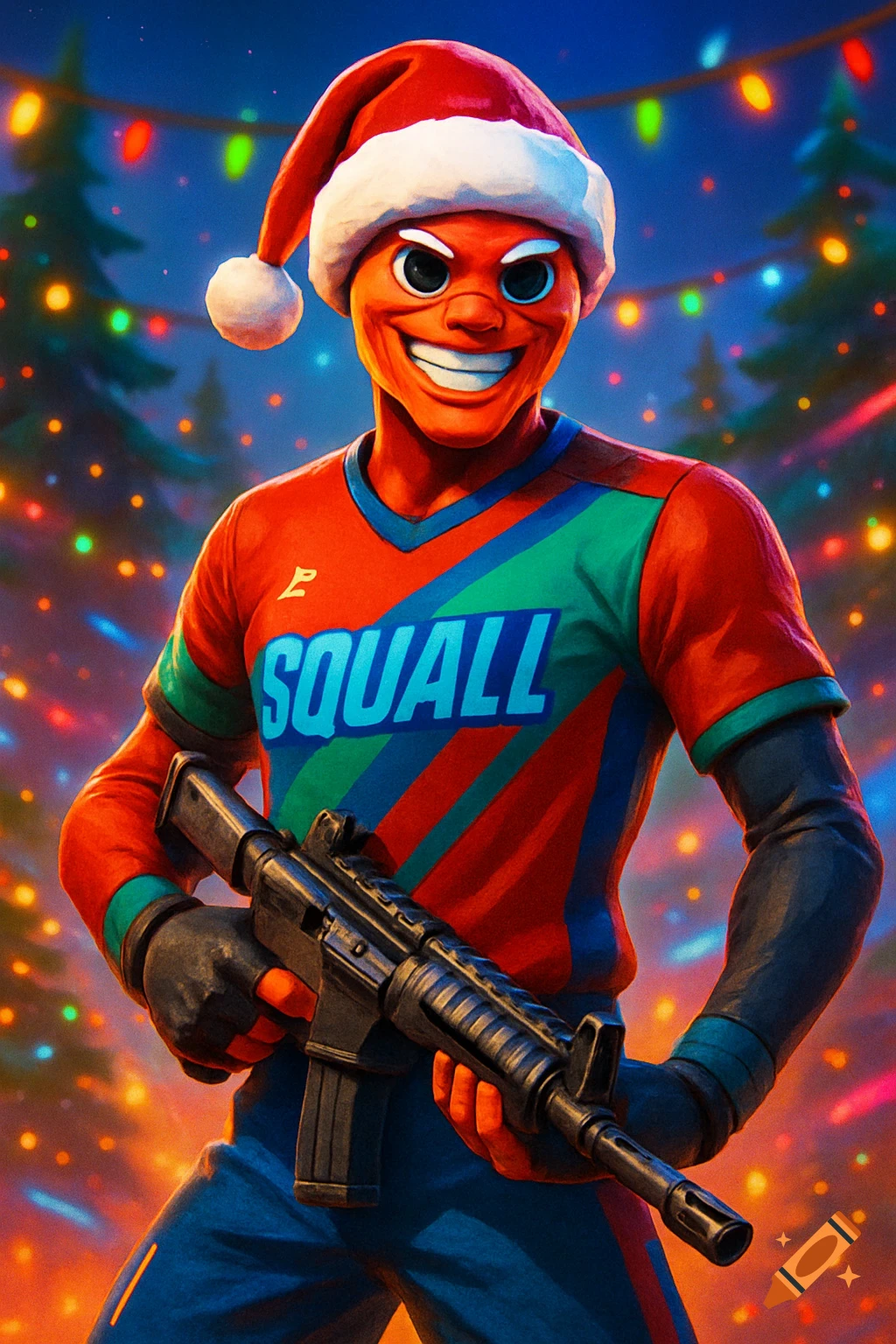 A stylized Fortnite-like character wearing a Santa hat, a 'SQUALL' jersey, and holding an assault rifle, against a festive background.