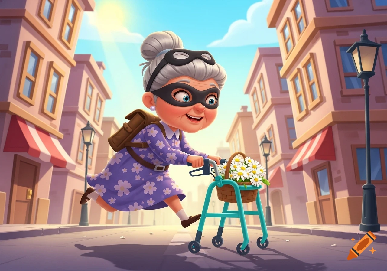 Cartoon elderly woman in a bandit mask, wearing a purple dress, running with a walker holding a basket of flowers in a sunny city street.