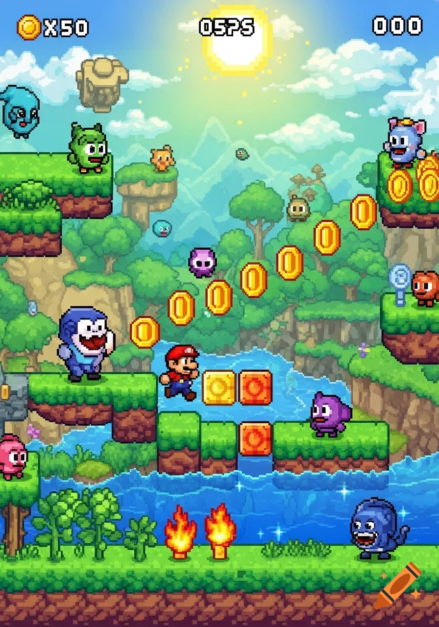 Colorful pixel art video game level with Mario, enemies, coins, and a river in a bright landscape.
