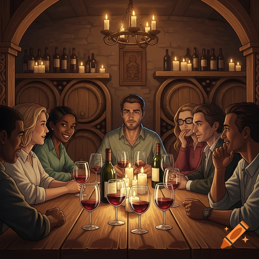 A group of diverse people gathered around a wooden table with wine bottles, glasses, and lit candles in a cozy wine cellar.