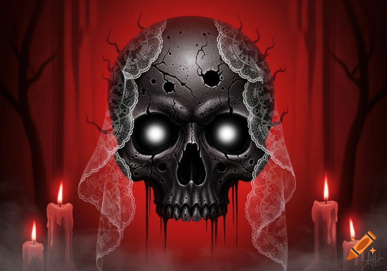 A dark, cracked skull with glowing white eyes and a white lace veil against a crimson gothic background with lit candles.