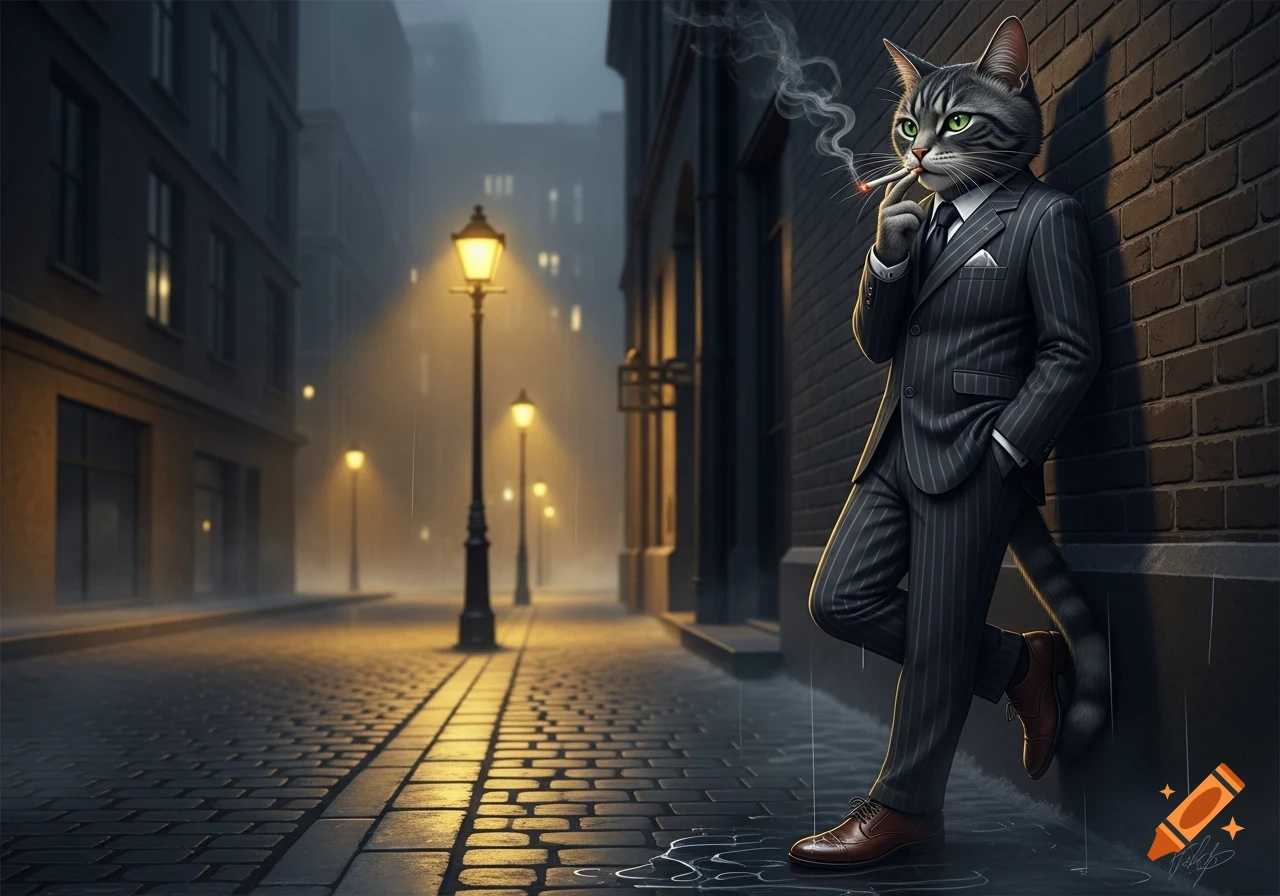 A photorealistic anthropomorphic gray tabby cat in a pinstripe suit leans against a brick wall on a foggy city street at night, smoking a cigarette.