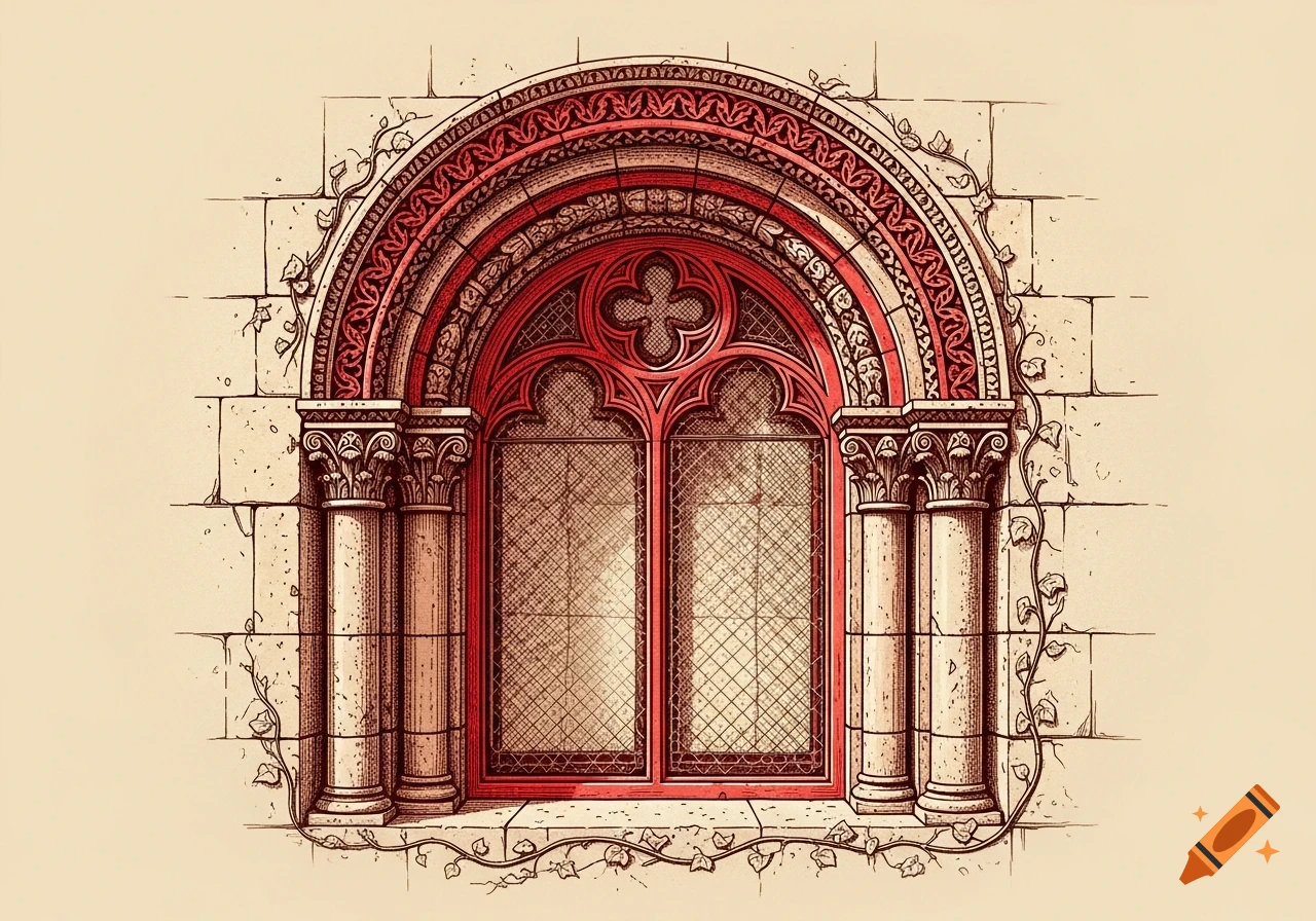 Red Romanesque arched window with ornate carvings and columns in an engraving style.