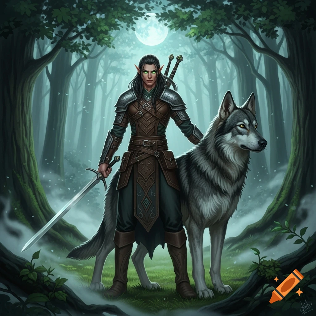 An elf warrior with a sword stands next to a wolf in a mystical moonlit forest.