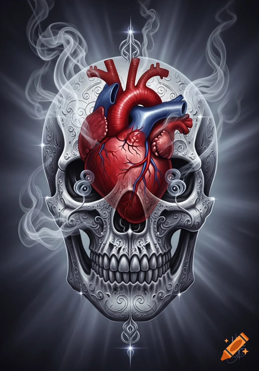 A highly detailed, ornate skull with an anatomical heart glowing within, surrounded by wisps of smoke and light against a dark background.