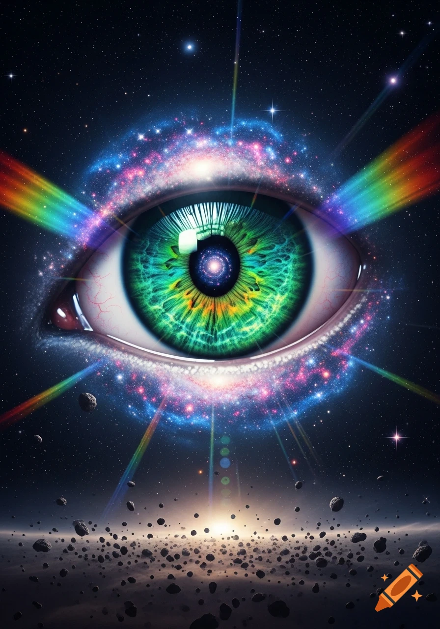 A vibrant green and blue eye with a galaxy in its pupil and iris, emitting rainbow light rays into a starry cosmic background with asteroids.