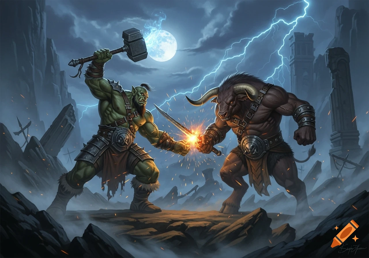 A muscular green orc with a hammer battles a brown minotaur with a sword, creating sparks, under a lightning-filled night sky and full moon.