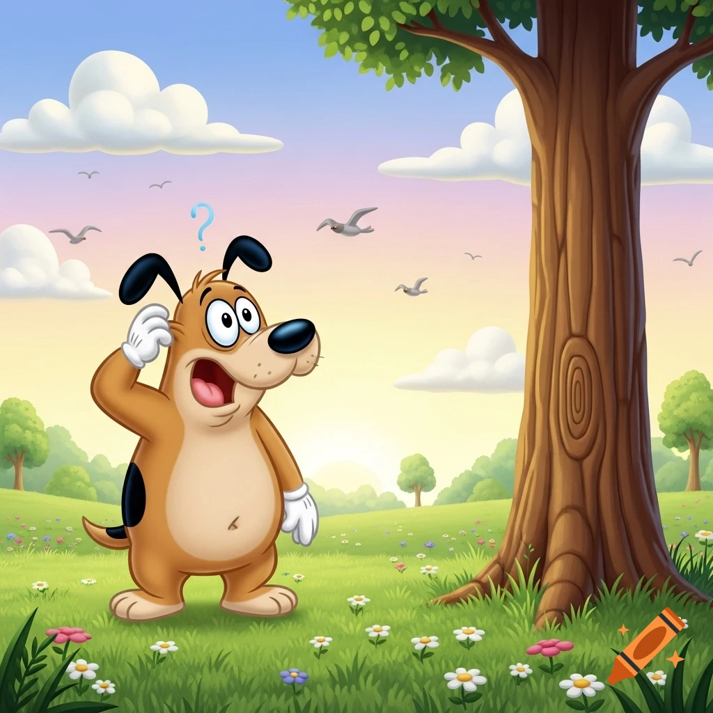 A confused cartoon dog with a blue question mark above its head stands in a grassy field with trees, clouds, and birds.
