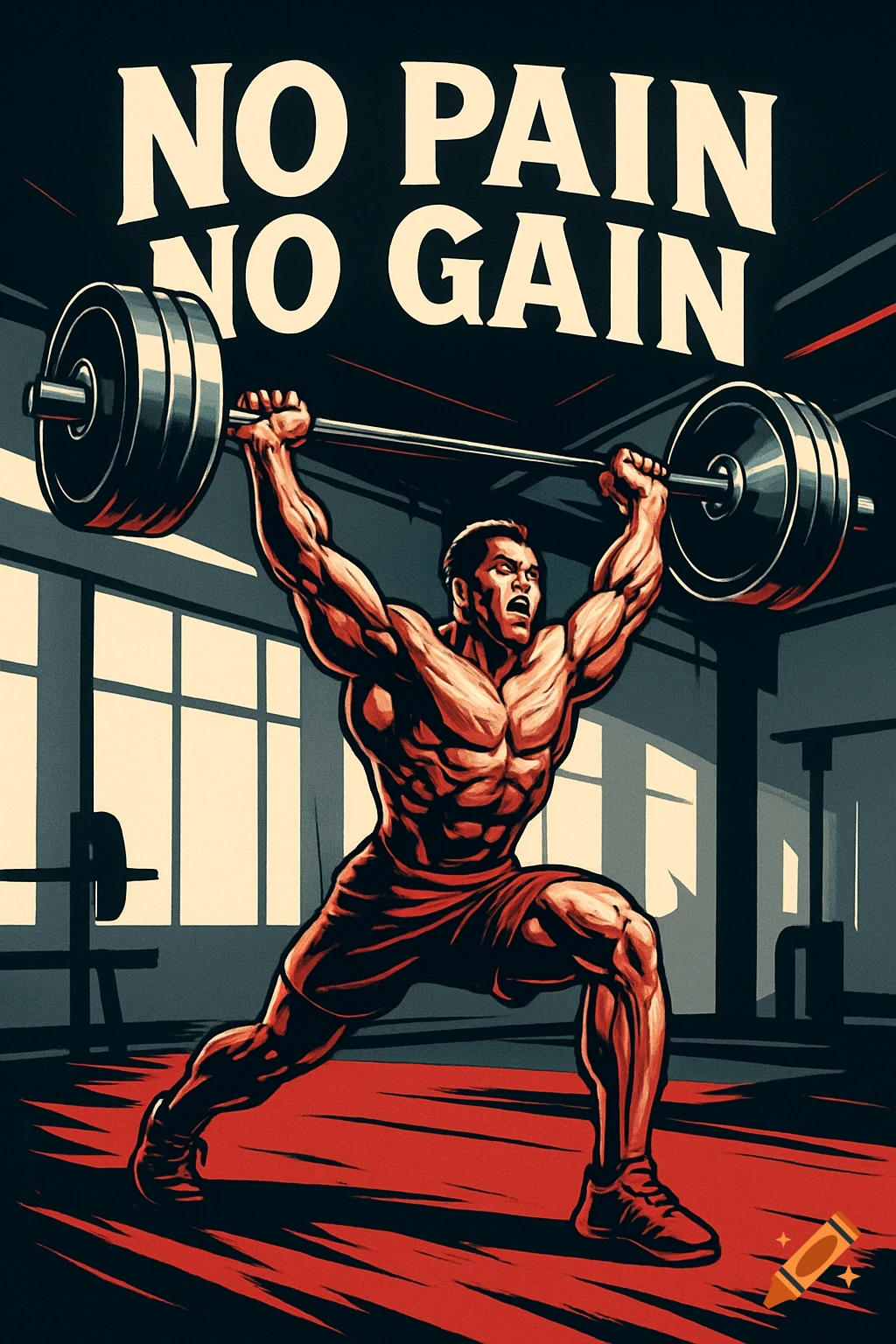 A muscular bodybuilder in a bold illustration style lifts a heavy barbell overhead in a gym with the text "NO PAIN NO GAIN".