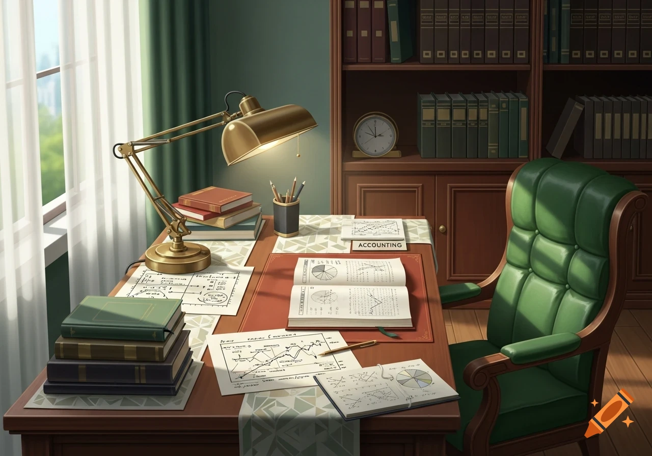 A well-lit study with a wooden desk, a green leather armchair, a stack of books, a brass lamp, and documents related to accounting.