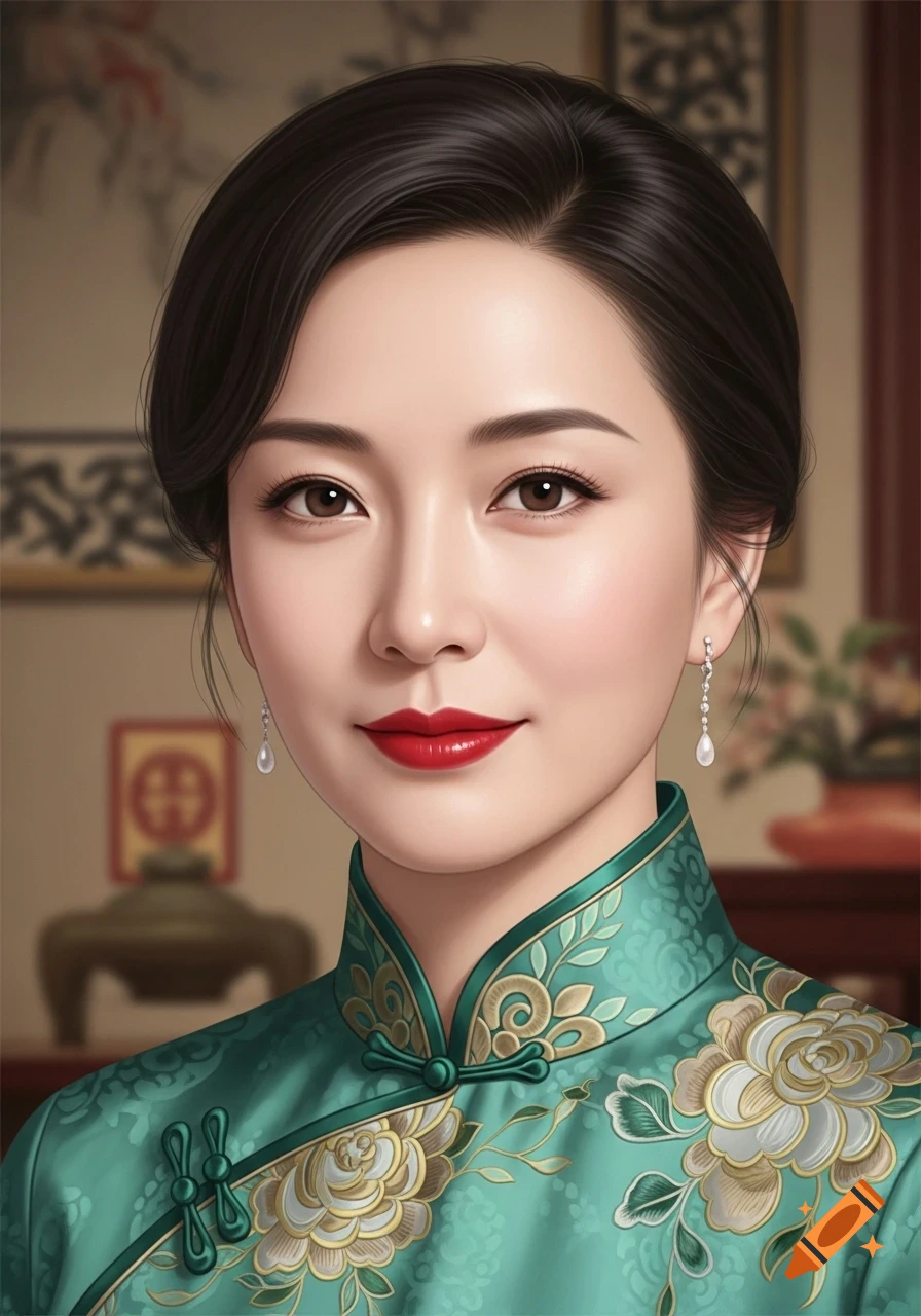 Close-up portrait of a beautiful Asian woman in a green traditional Chinese dress with floral embroidery, red lipstick, and pearl earrings.