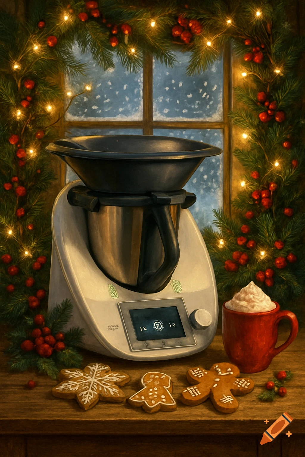 Painterly image of a Thermomix, Christmas garland, gingerbread cookies, and hot chocolate on a wooden table by a snowy window.