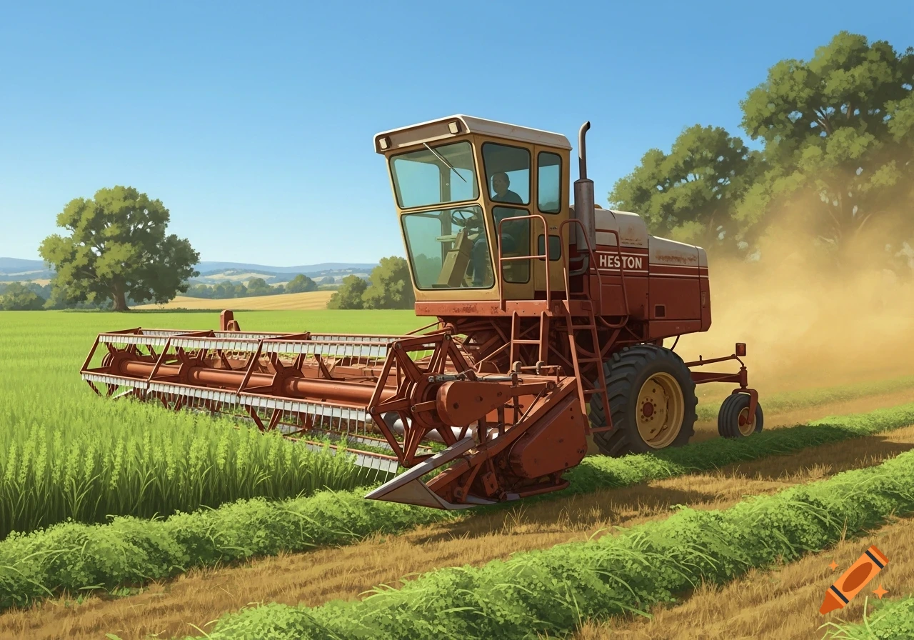 A stylized illustration of a Heston swather cutting green crops in a sunny field with trees.