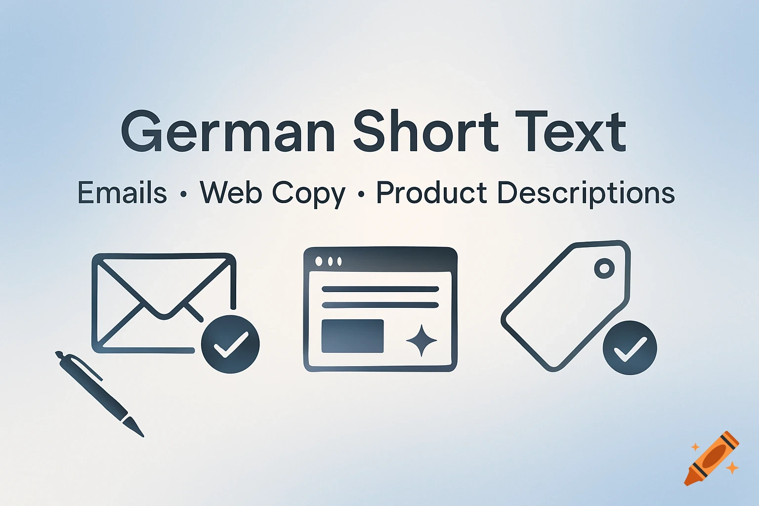 Minimalist banner with "German Short Text" title, icons for email, web copy, and product descriptions.