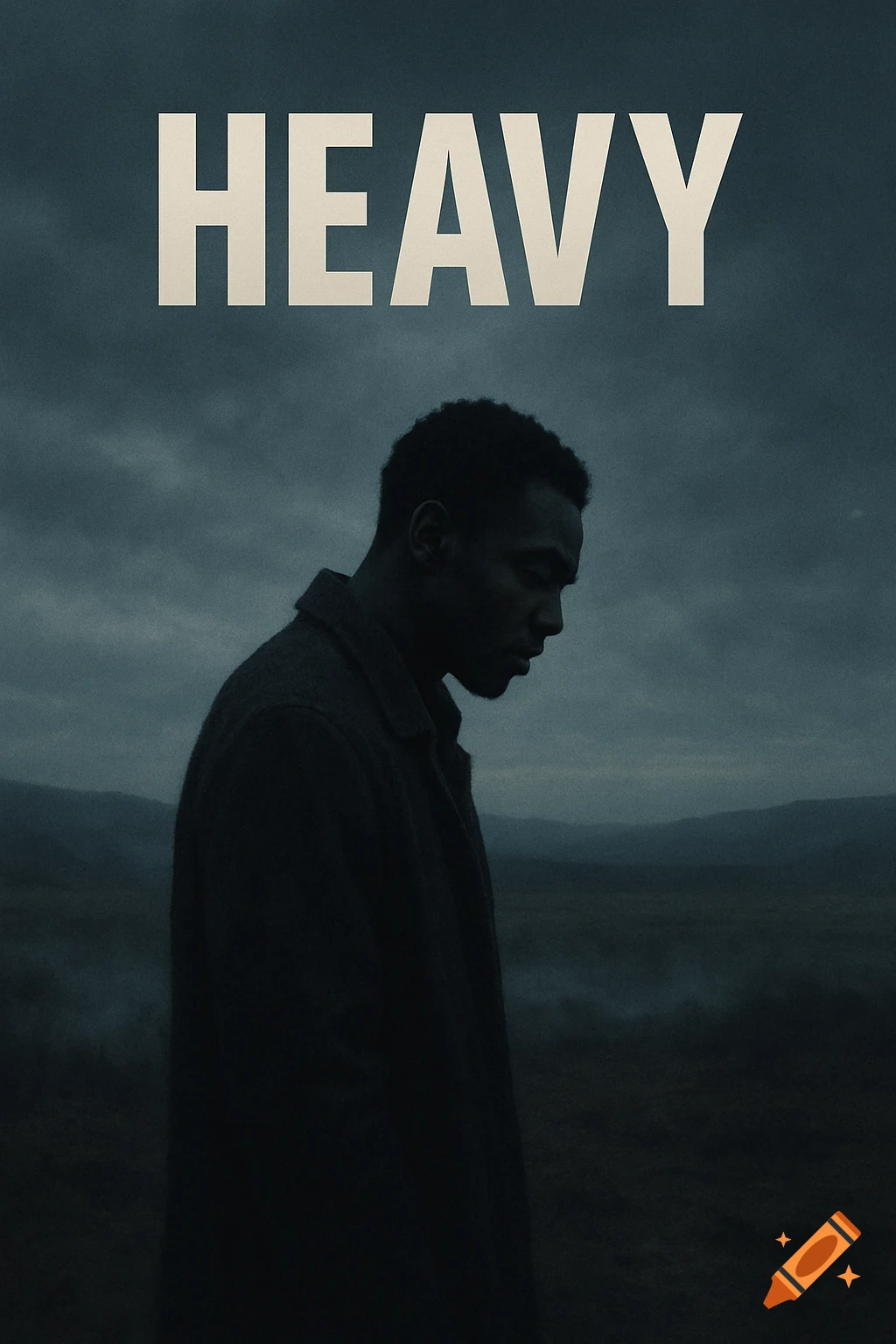 A moody portrait of a man in profile looking down, silhouetted against a dark landscape, with 'HEAVY' text at the top.