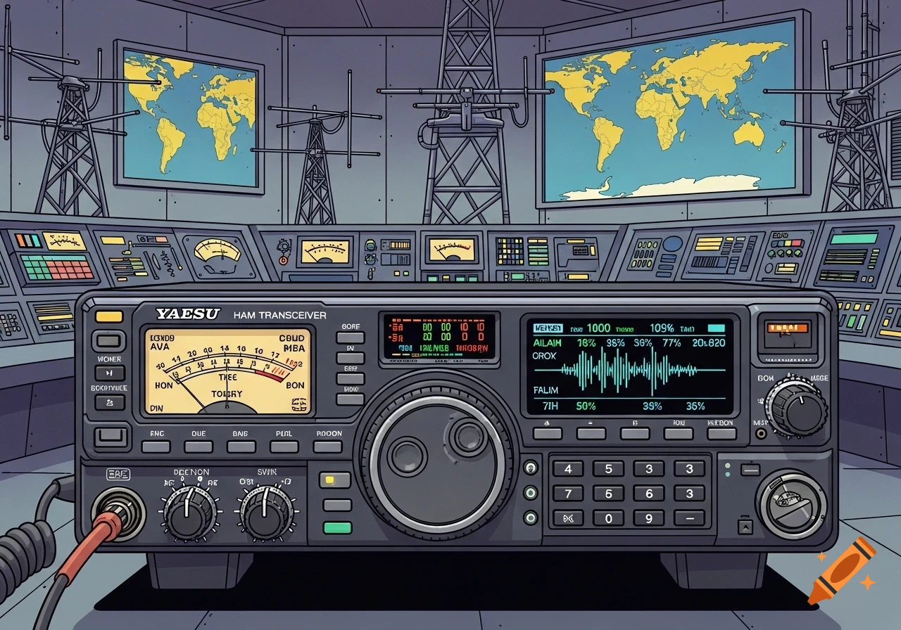 A comic-style illustration of a Yaesu HAM radio transceiver in a detailed control room with world maps and antenna towers.