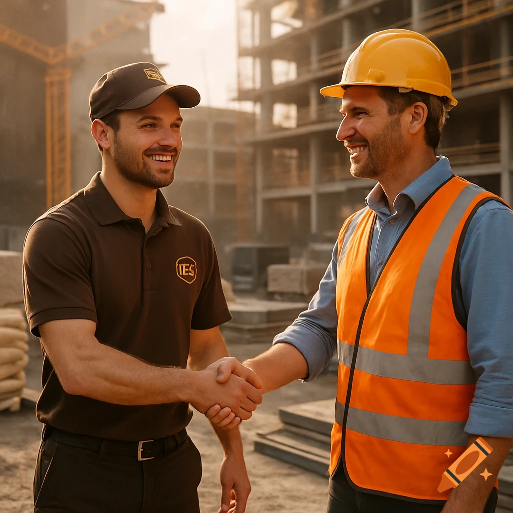 Two smiling men, a delivery worker and a construction worker, shake hands at a sunny construction site.