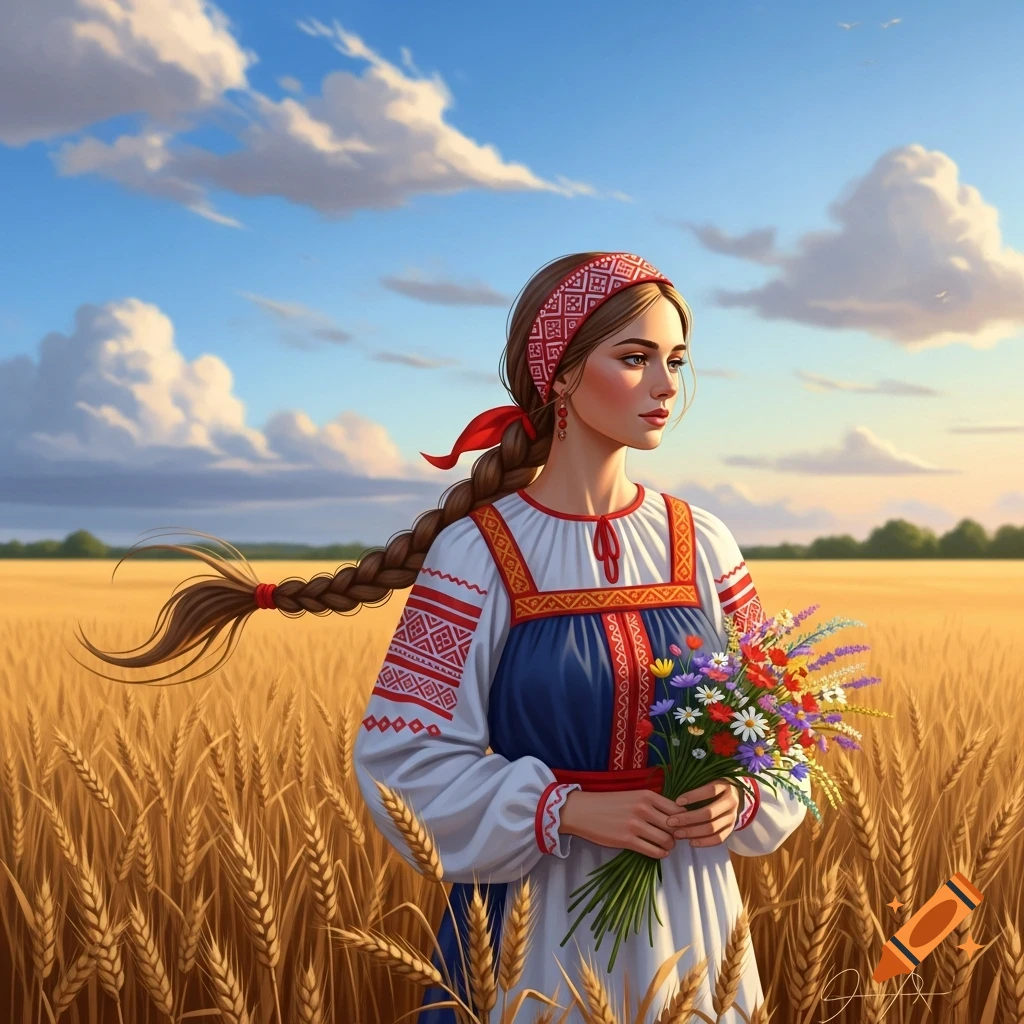 Digital art of a woman in traditional dress with a long braid, holding wildflowers in a golden wheat field under a blue sky.