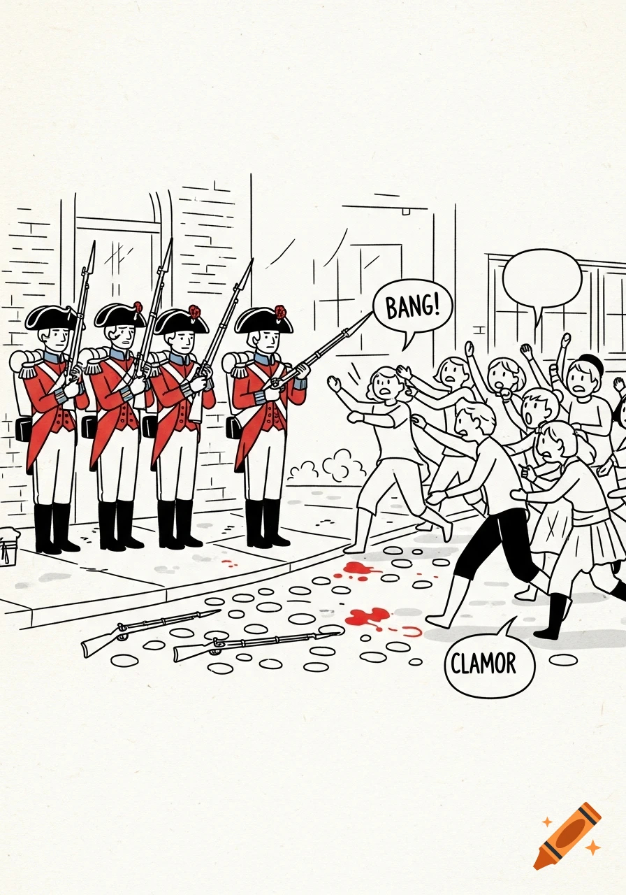 Cartoon illustration of the Boston Massacre: soldiers in red coats fire muskets at a panicked, fleeing crowd; blood splatters the street.
