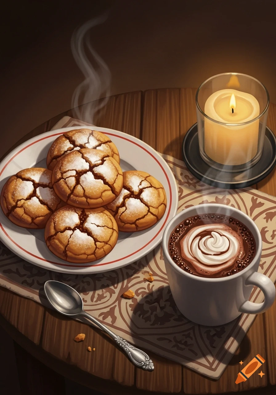 A plate of powdered sugar cookies and a steaming mug of hot chocolate with whipped cream sit on a wooden table with a lit candle.