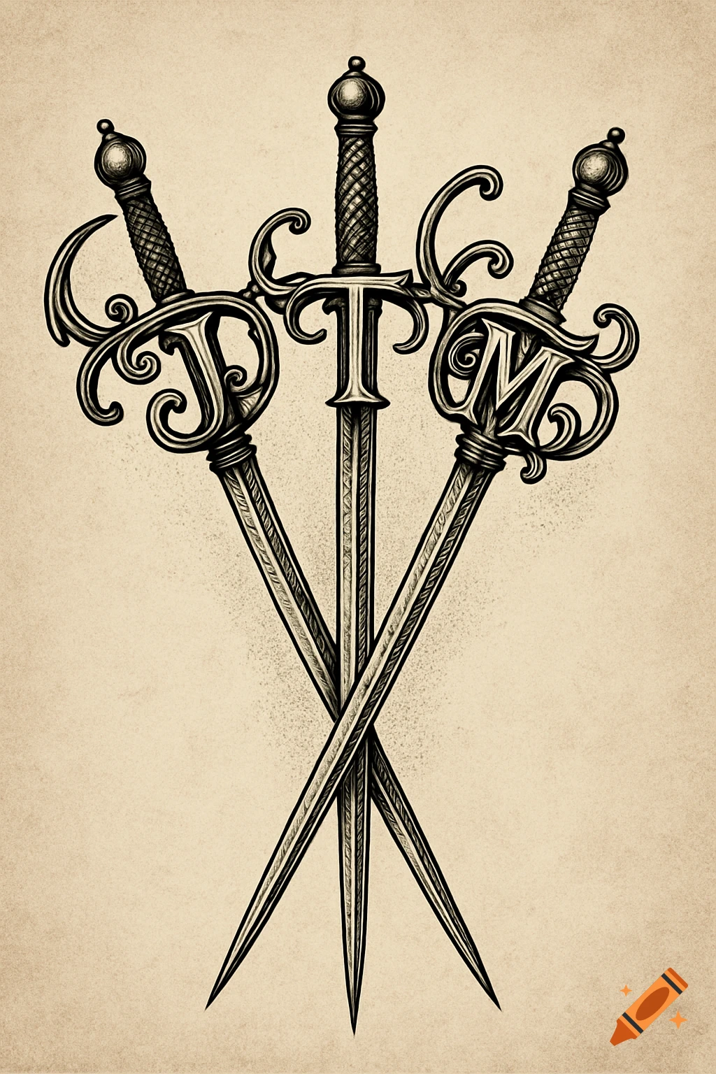 Tattoo design of three crossed rapiers, each with a letter (J, T, M) integrated into its guard, on a sepia background.