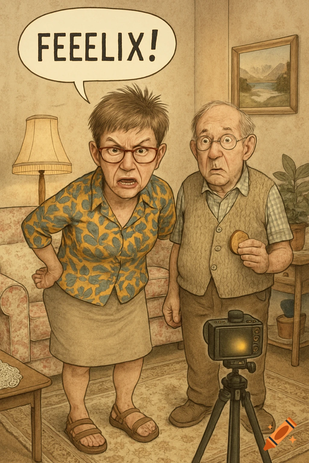 A satirical illustration depicts an angry older woman yelling "FEEEELIX!" at a startled older man holding a cookie, with a camera on a tripod.