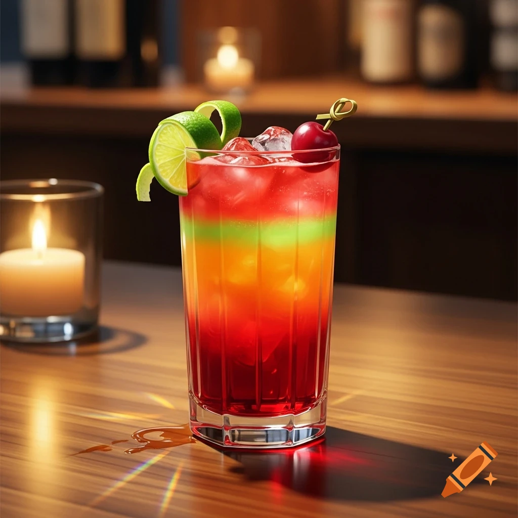 A vibrant, layered cocktail with red, orange, and green sections, topped with ice, a lime twist, and a cherry, on a wooden bar with a candle.