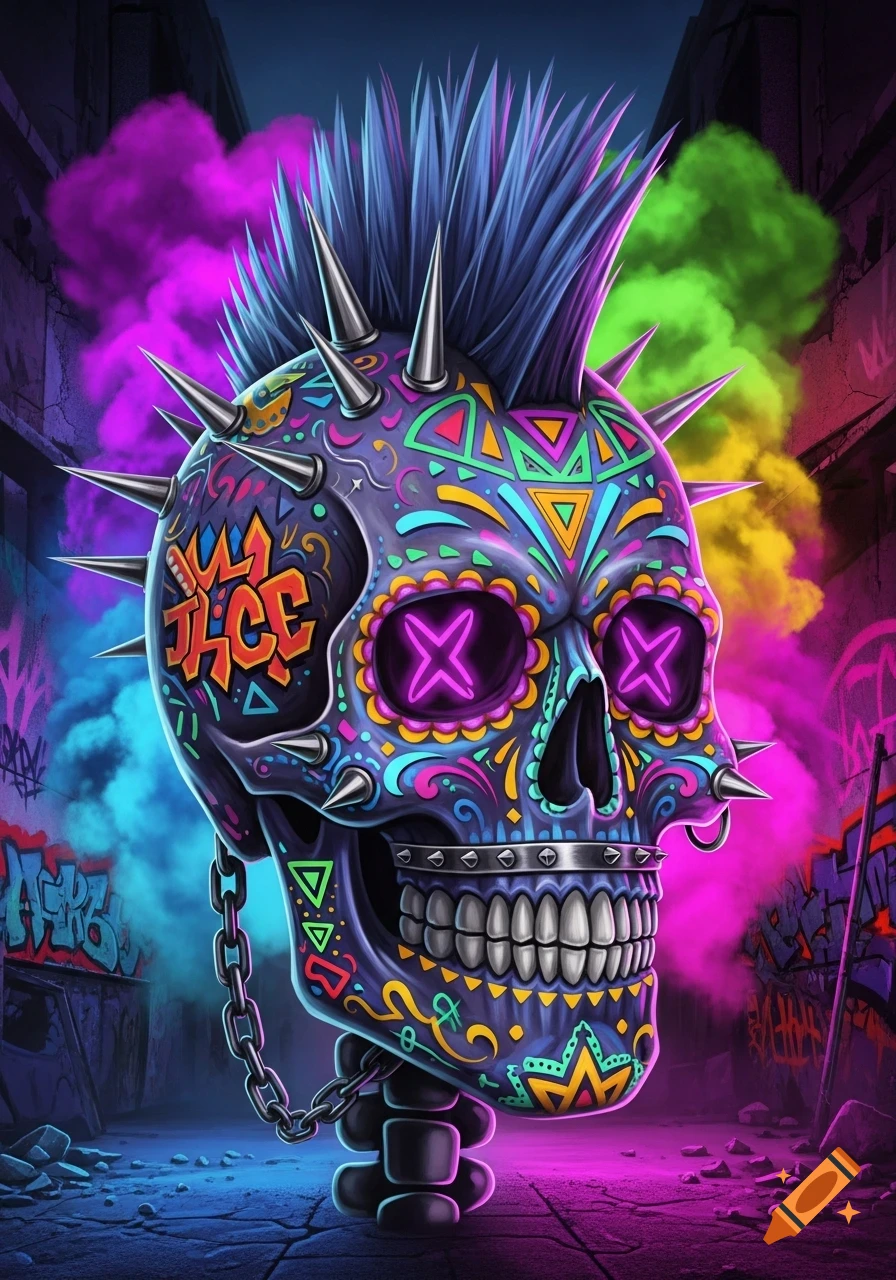 A vibrant, neon punk calavera skull with a spiked mohawk, glowing pink eyes, and graffiti patterns, in a dark alley with colorful smoke.