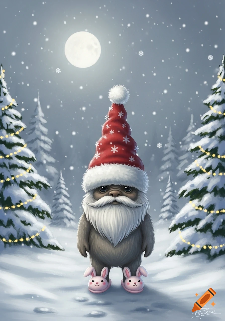 A drawing of a cute, furry creature in a red Santa hat and pink bunny ...