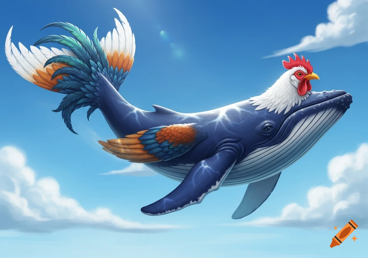 A blue whale with a rooster's head, comb, and wattle, along with feathery tail fins and side fins, flies through a bright blue sky with white clouds.