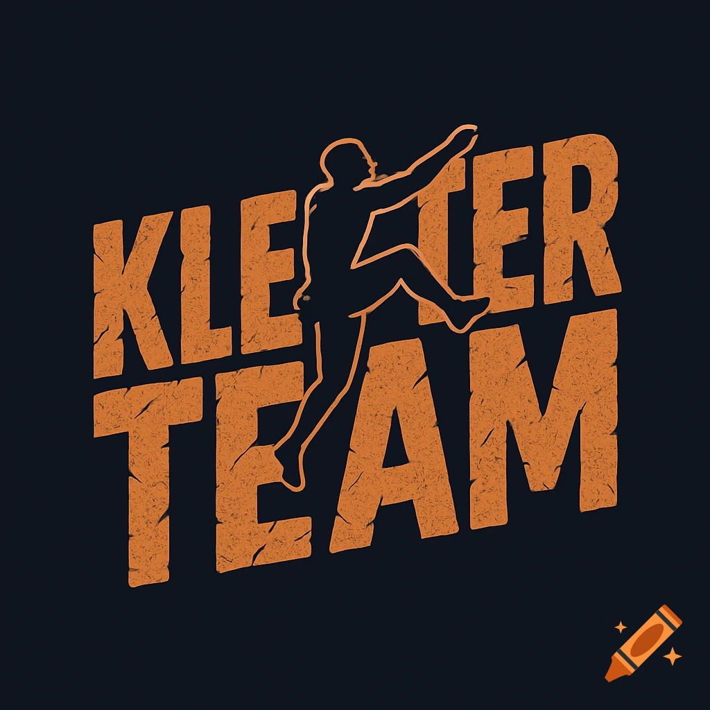 A logo featuring orange distressed text "KLETTER TEAM" on a dark background, with a black silhouette of a climber scaling the letters.