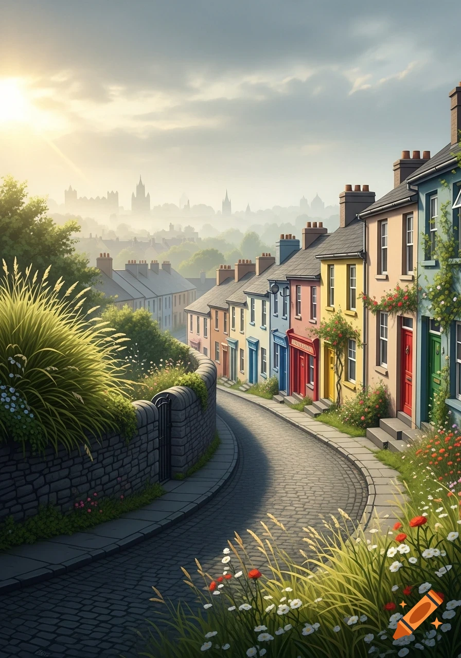 A winding cobblestone street lined with colorful houses and lush greenery, leading to a misty town in the distance under a sunny sky.