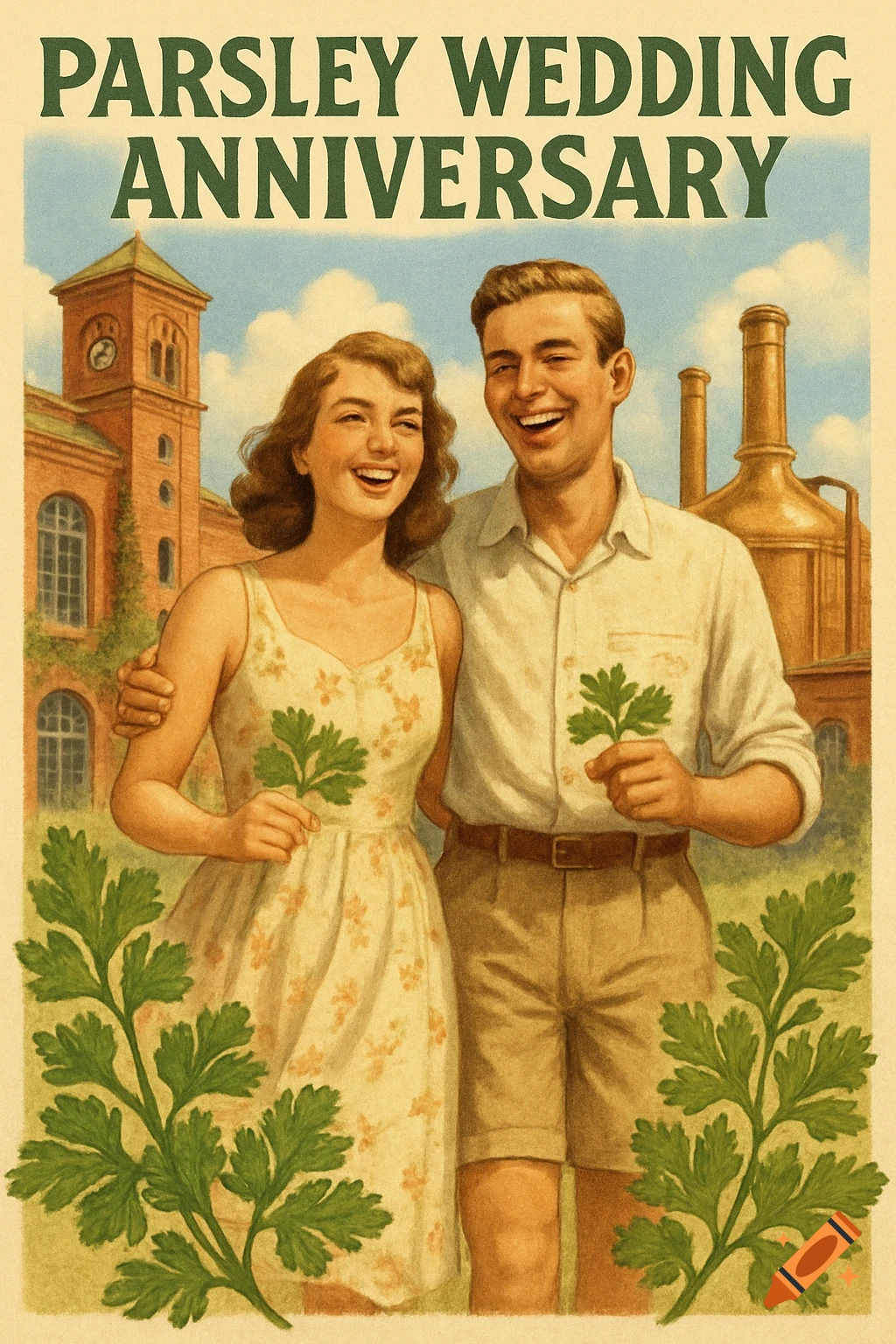 Vintage illustration of a smiling couple holding parsley, celebrating a wedding anniversary with a brewery in the background.