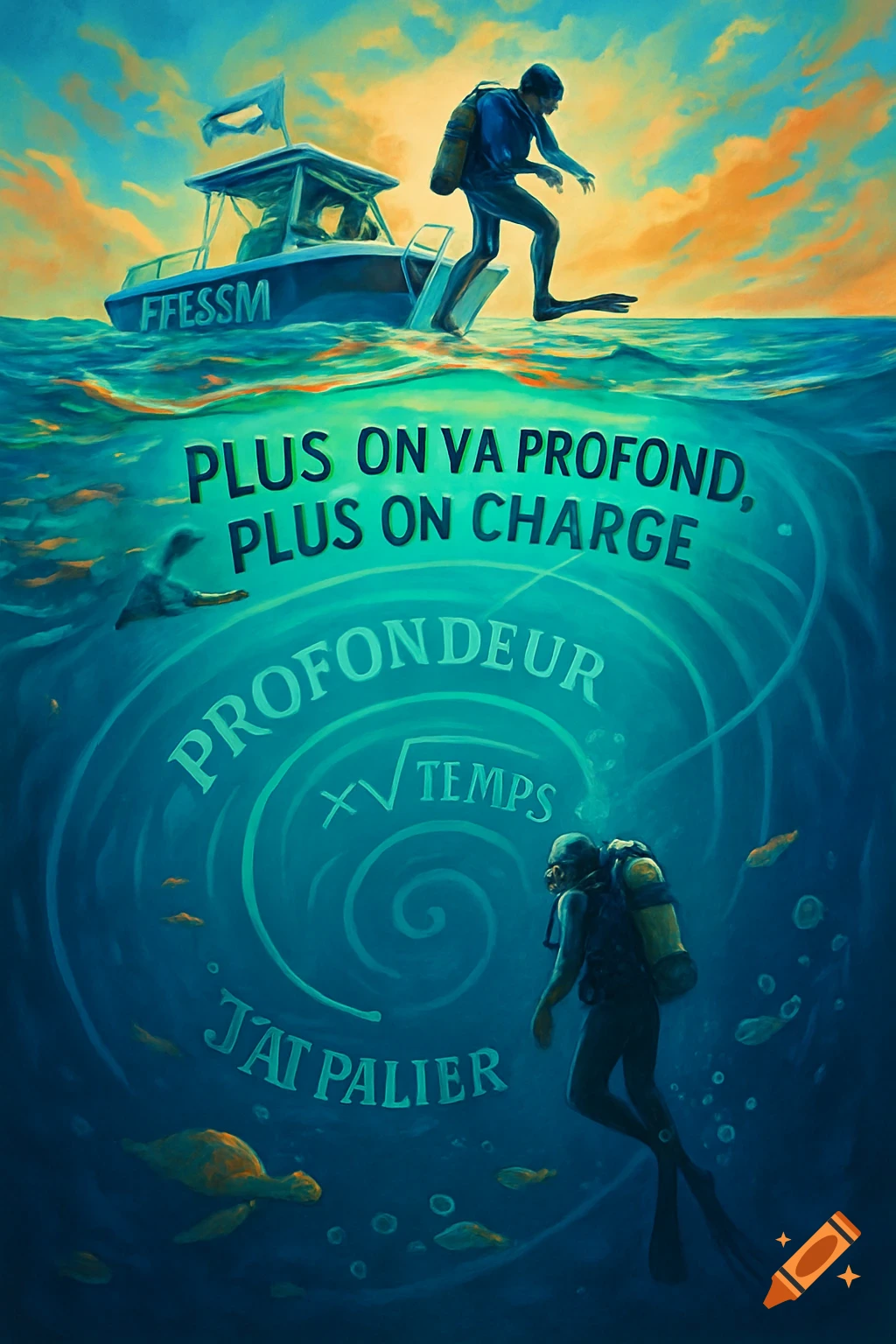Vibrant illustration of a diver descending from a boat, another diver deep underwater with text and a formula, and a turtle.
