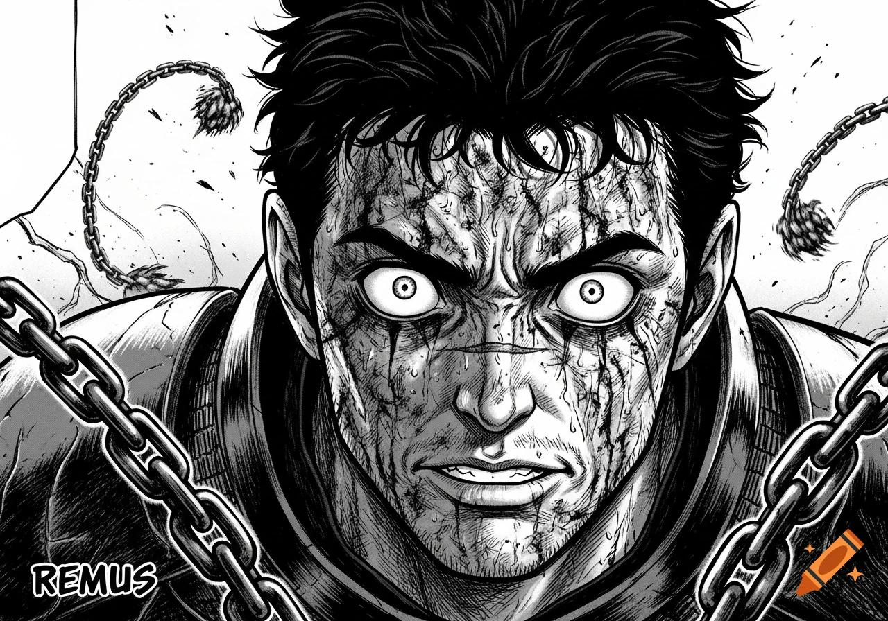 Close-up monochrome manga panel of warrior Remus's intense, scarred face with wide eyes and chains, in a dark fantasy style.