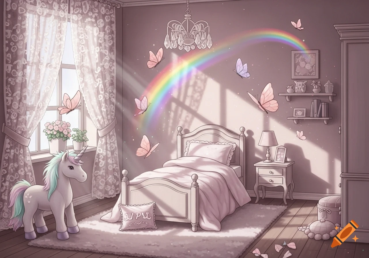 A dreamy doll's bedroom in muted pinks, featuring a unicorn, a bed, flying butterflies, and a rainbow arching across the wall.