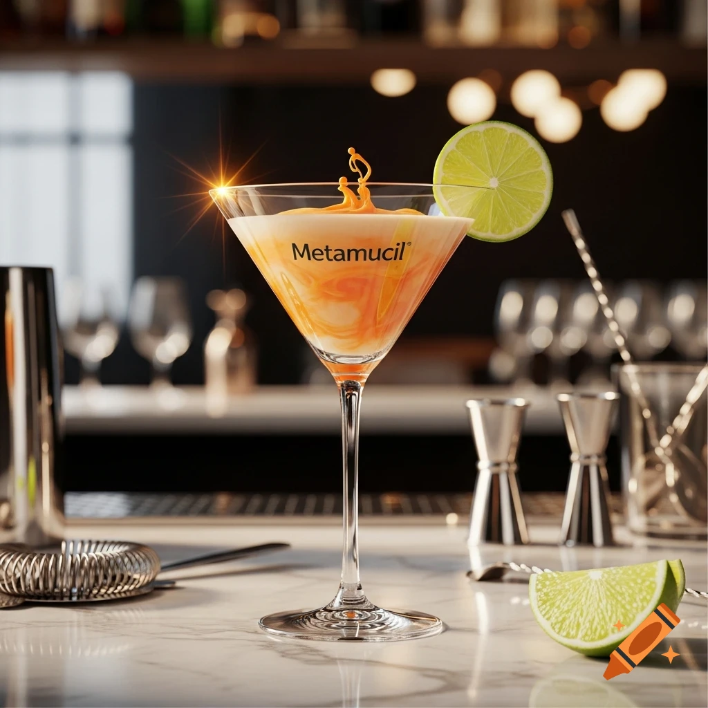 A photorealistic image of a martini glass containing an orange and white swirling drink, labeled "Metamucil", garnished with a lime slice on a marble bar.