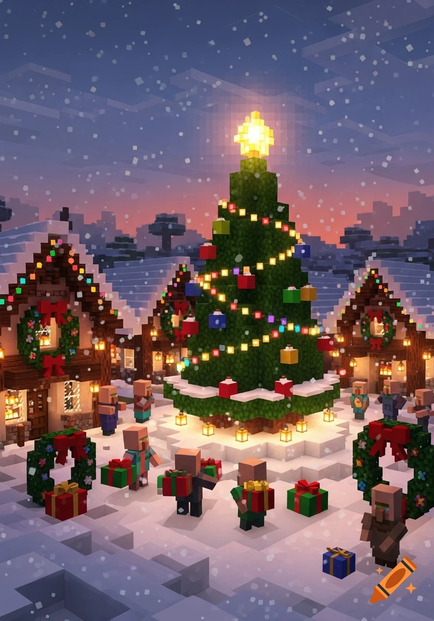 A snowy Minecraft village with a large, lit Christmas tree, decorated houses, and villagers exchanging gifts under a sunset sky.