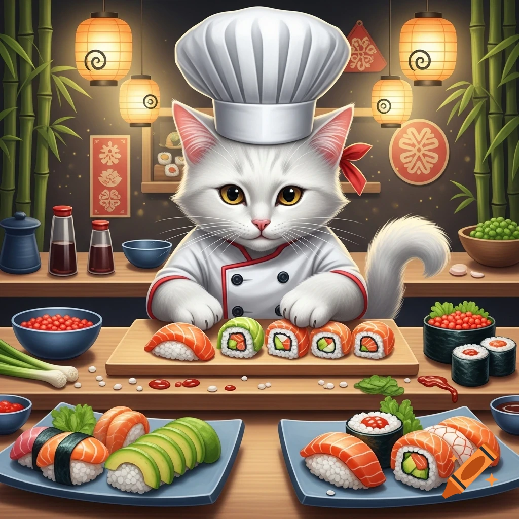 A fluffy white cat chef in a white uniform prepares sushi rolls and nigiri at a wooden counter in a vibrant, lantern-lit Japanese setting.