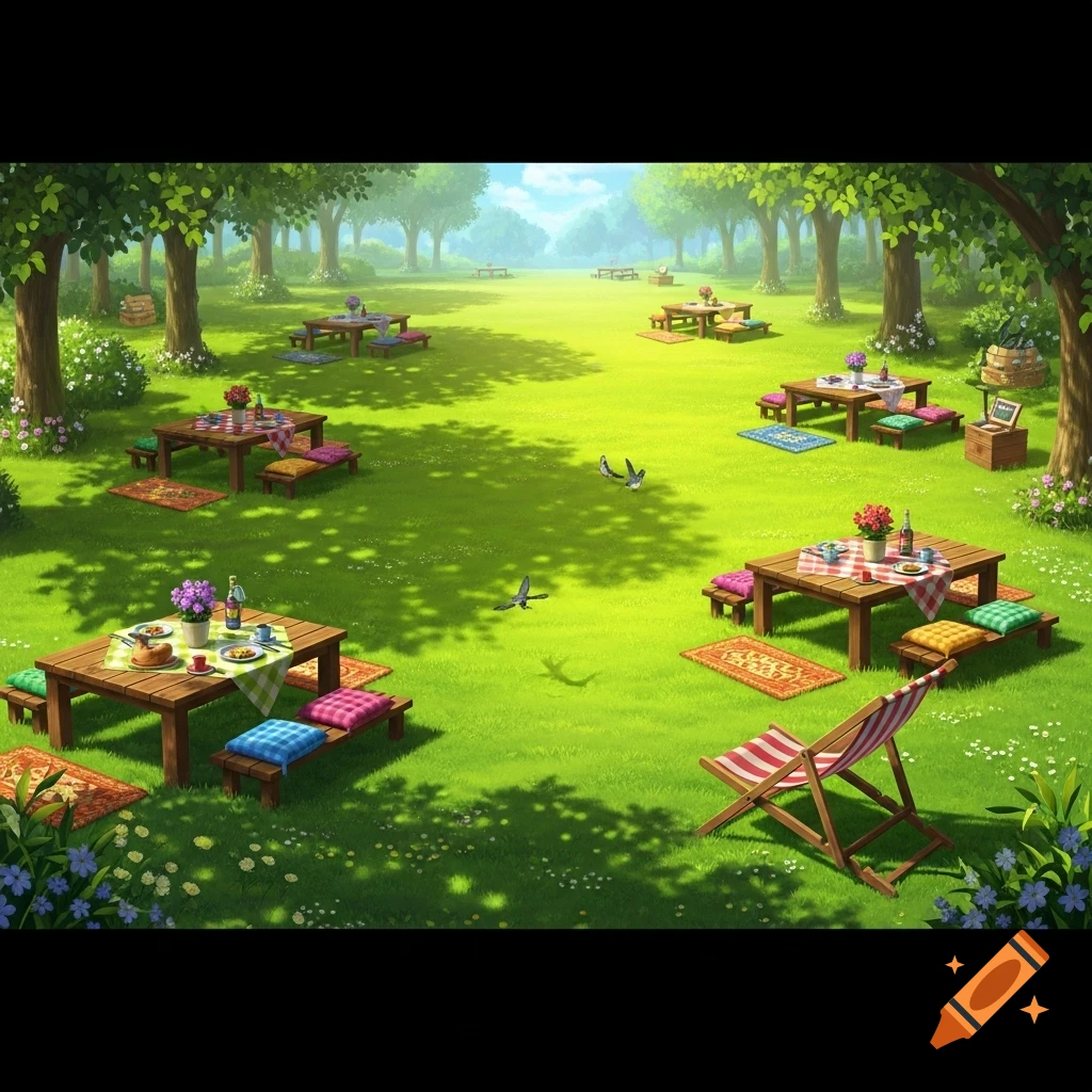 A vibrant cartoon park with multiple wooden picnic tables, a lounge chair, and green grass under dappled tree shadows.