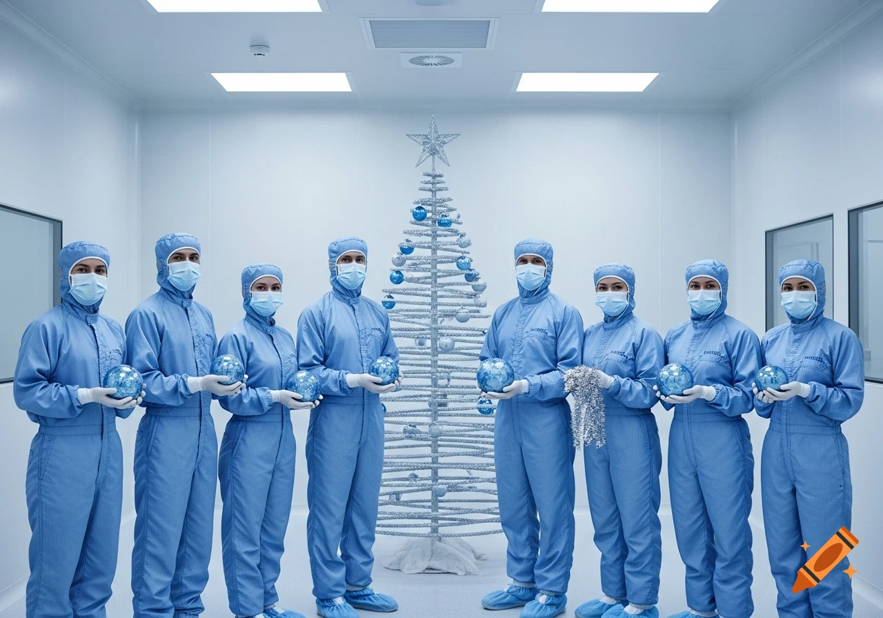 Eight people in light blue cleanroom suits, masks, and hoods hold blue Christmas ornaments and tinsel in a sterile white room with a silver Christmas tree.