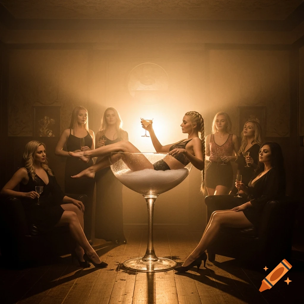 A woman in black lingerie bathes in a giant champagne glass, surrounded by other women holding drinks in a smoky, golden-lit lounge.