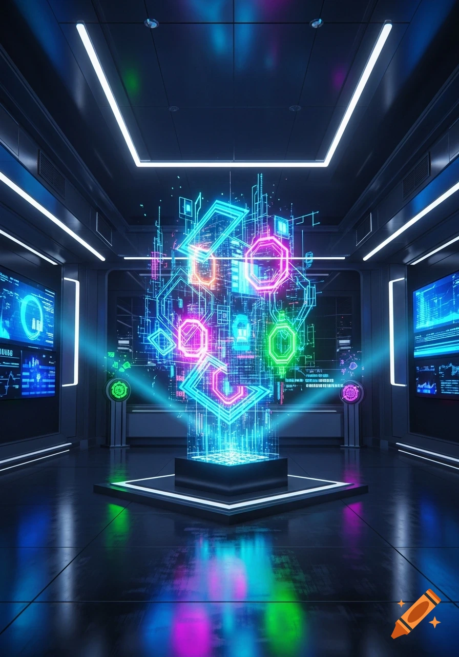 A futuristic room with glowing neon blue, pink, and green abstract holographic data patterns emanating from a central pedestal, reflected on the polished floor. Screens on the walls display illegible data.
